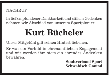 Traueranzeige von Kurt Bücheler von Gmünder Tagespost