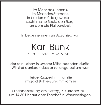 Traueranzeige von Bunk Karl von Schwäbische Post