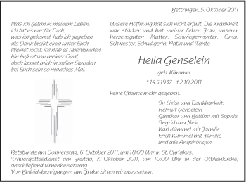 Traueranzeige von Hella Genselein von Gmünder Tagespost
