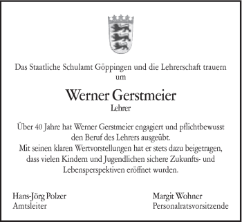 Traueranzeige von Werner Gerstmeier von Schwäbische Post
