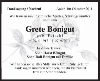 Traueranzeige von Grete Bonigut von Schwäbische Post