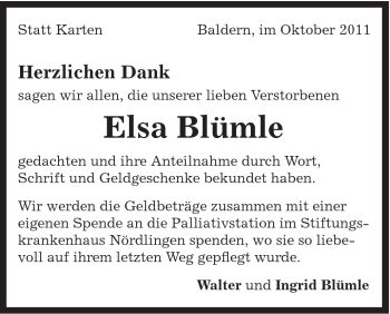 Traueranzeige von Elsa Blümle von Schwäbische Post