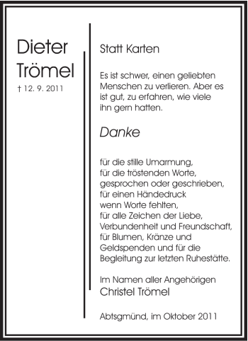 Traueranzeige von Dieter Trömel von Schwäbische Post