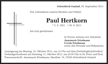 Traueranzeige von Paul Hertkorn von Gmünder Tagespost