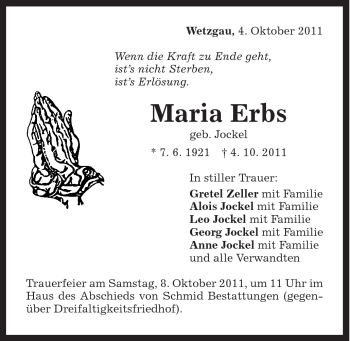 Traueranzeige von Maria Erbs von Gmünder Tagespost