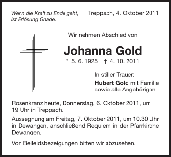Traueranzeige von Johanna Gold von Schwäbische Post