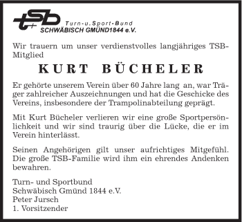 Traueranzeige von Kurt Bücheler von Gmünder Tagespost