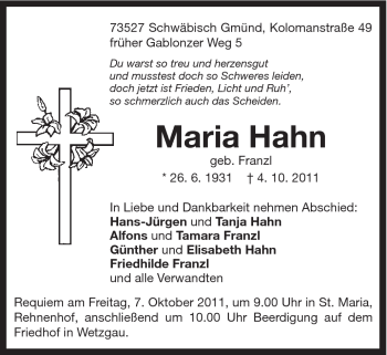 Traueranzeige von Maria Hahn von Gmünder Tagespost