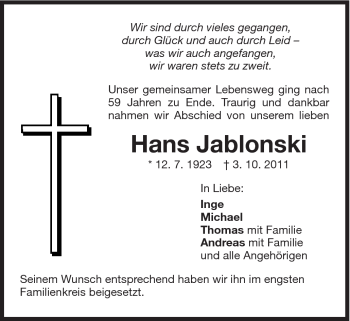Traueranzeige von Hans Jablonski von Schwäbische Post