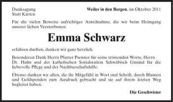 Traueranzeige von Emma Schwarz von Gmünder Tagespost