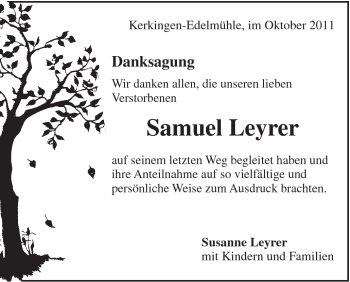Traueranzeige von Samuel Leyrer von Schwäbische Post
