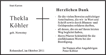 Traueranzeige von Thekla Köhler von Gmünder Tagespost