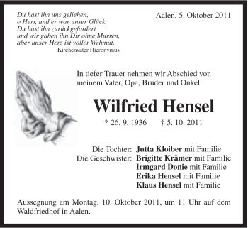 Traueranzeige von Wilfried Hensel von Schwäbische Post