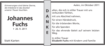 Traueranzeige von Johannes Fuchs von Schwäbische Post