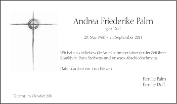 Traueranzeige von Andrea F. Palm von Gmünder Tagespost