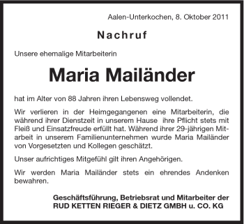 Traueranzeige von Maria Mailänder von Schwäbische Post