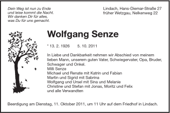 Traueranzeige von Wolfgang Senze von Gmünder Tagespost