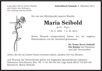 Traueranzeige von Maria Seibold von Gmünder Tagespost