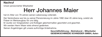 Traueranzeige von Johannes Maier von Schwäbische Post