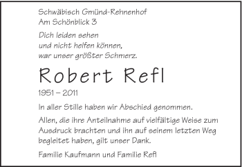 Traueranzeige von Robert Refl von Gmünder Tagespost