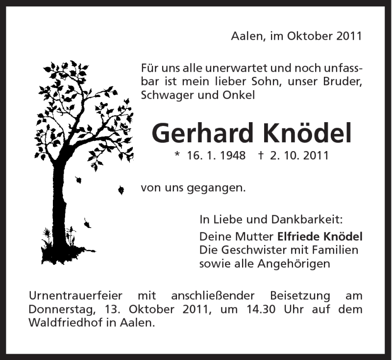  Traueranzeige für Gerhard Knödel vom 10.10.2011 aus Schwäbische Post