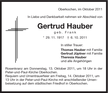 Traueranzeige von Gertrud Hauber von Schwäbische Post