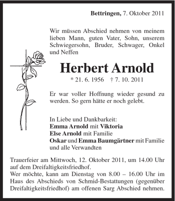 Traueranzeige von Herbert Arnold von Gmünder Tagespost