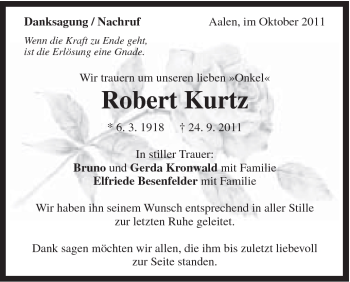 Traueranzeige von Robert Kurtz von Schwäbische Post