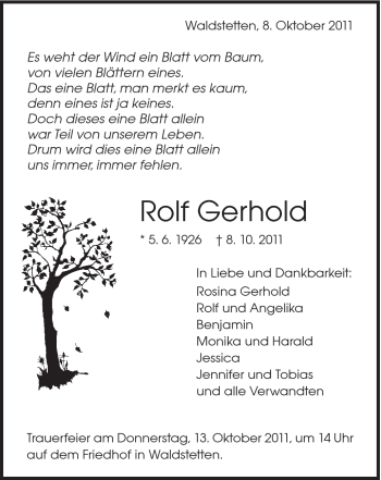 Traueranzeige von Rolf Gerhold von Gmünder Tagespost