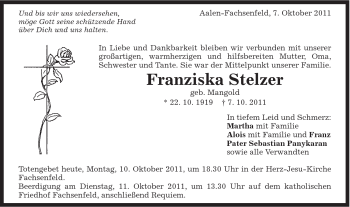 Traueranzeige von Franziska Stelzer von Schwäbische Post