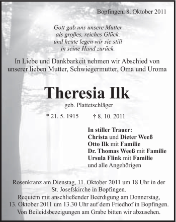 Traueranzeige von Theresia Ilk von Schwäbische Post