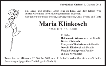 Traueranzeige von Maria Klinkosch von Gmünder Tagespost