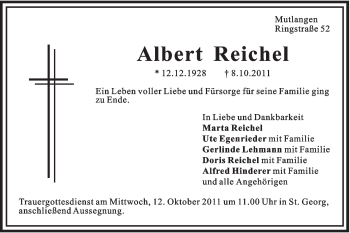 Traueranzeige von Albert Reichel von Gmünder Tagespost