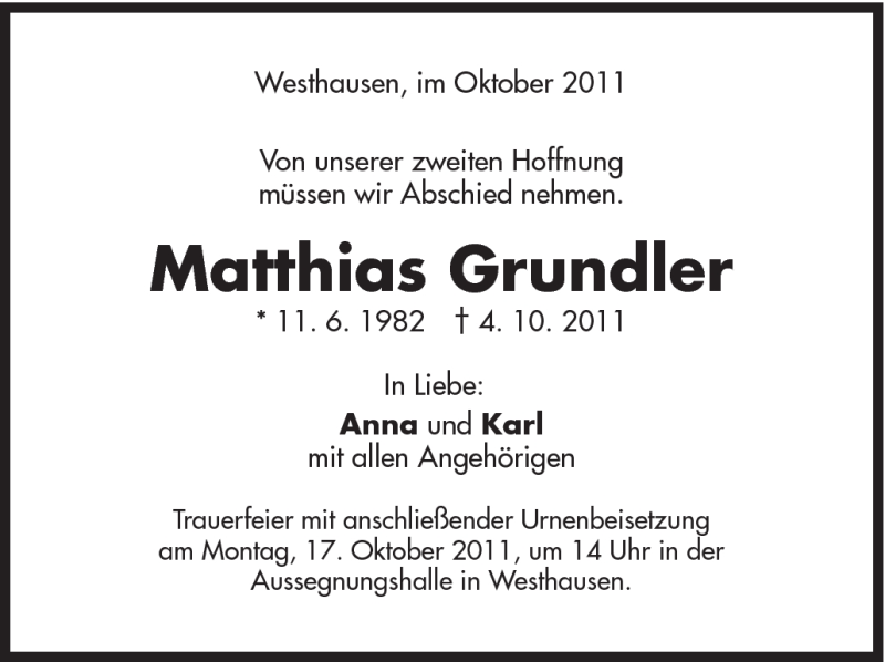  Traueranzeige für Matthias Grundler vom 13.10.2011 aus Schwäbische Post