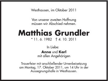 Traueranzeige von Matthias Grundler von Schwäbische Post