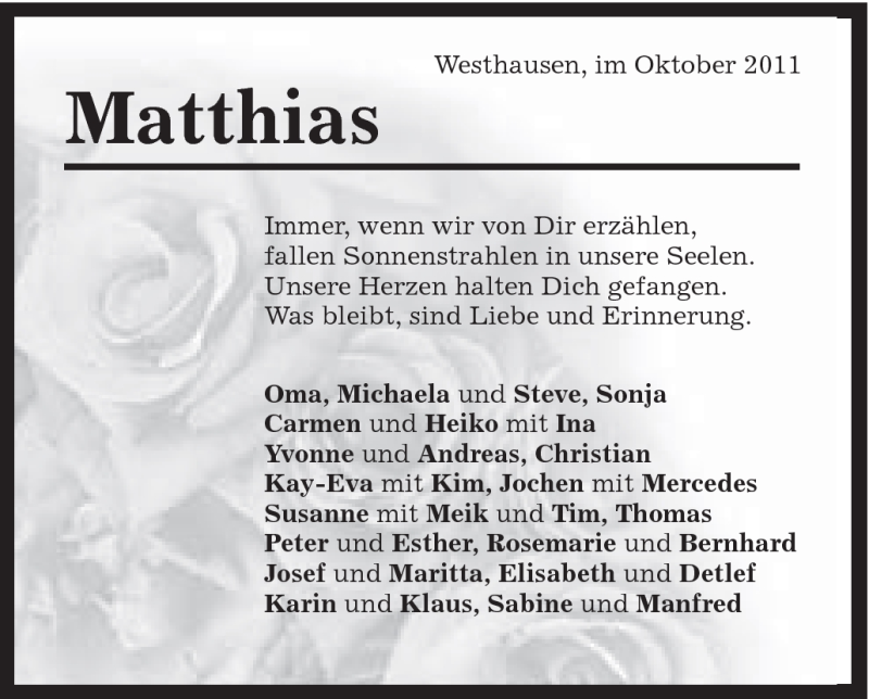  Traueranzeige für Matthias Grundler vom 13.10.2011 aus Schwäbische Post