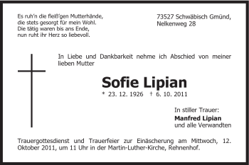 Traueranzeige von Sofie Lipian von Gmünder Tagespost
