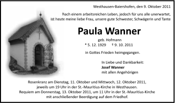 Traueranzeige von Paula Wanner von Schwäbische Post