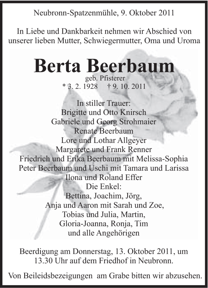  Traueranzeige für Berta Beerbaum vom 11.10.2011 aus Schwäbische Post