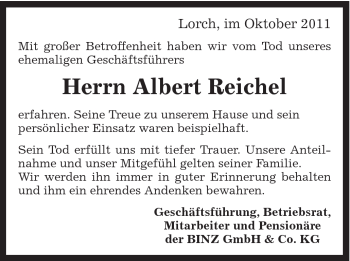 Traueranzeige von Albert Reichel von Gmünder Tagespost