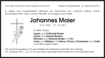 Traueranzeige von Johannes Maier von Schwäbische Post