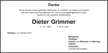 Traueranzeige von Dieter Grimmer von Schwäbische Post