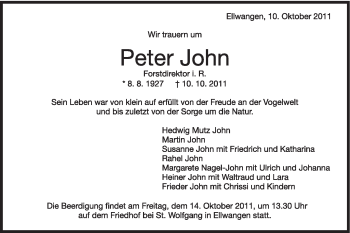 Traueranzeige von Peter John von Schwäbische Post