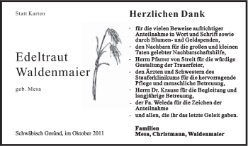 Traueranzeige von Edeltraut Waldenmaier von Gmünder Tagespost