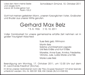 Traueranzeige von Gerhard Max Belz von Gmünder Tagespost