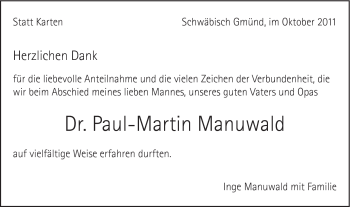 Traueranzeige von Dr. Paul-Martin Manuwald von Gmünder Tagespost