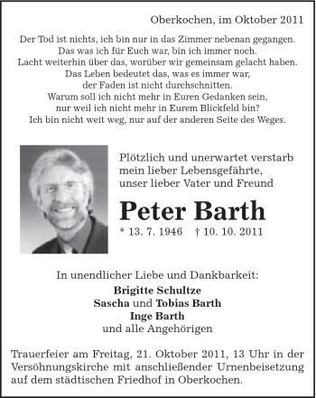 Traueranzeige von Barth Peter von Schwäbische Post