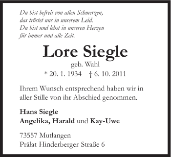 Traueranzeige von Lore Siegle von Gmünder Tagespost