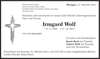 Traueranzeige von Irmgard Wolf von Gmünder Tagespost