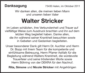 Traueranzeige von Walter Stricker von Schwäbische Post